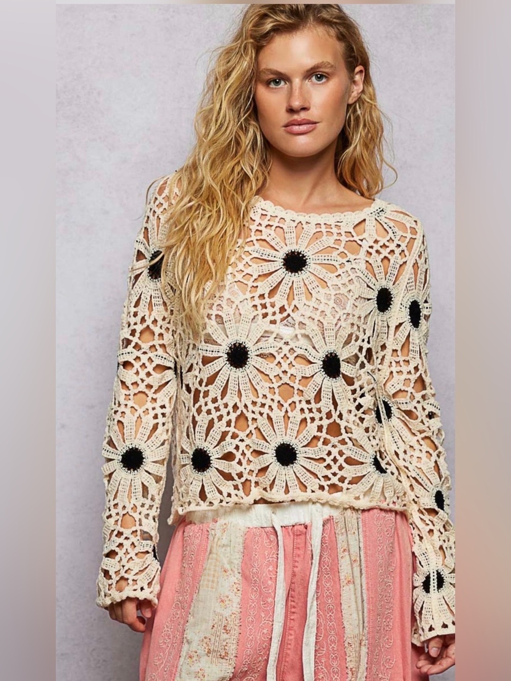 POL Crochet Daisy Lace Long-Sleeve Sweater - One Size